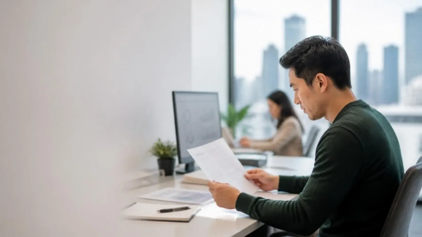 An insurance professional reading a document at a desk in a bright office with a city view
