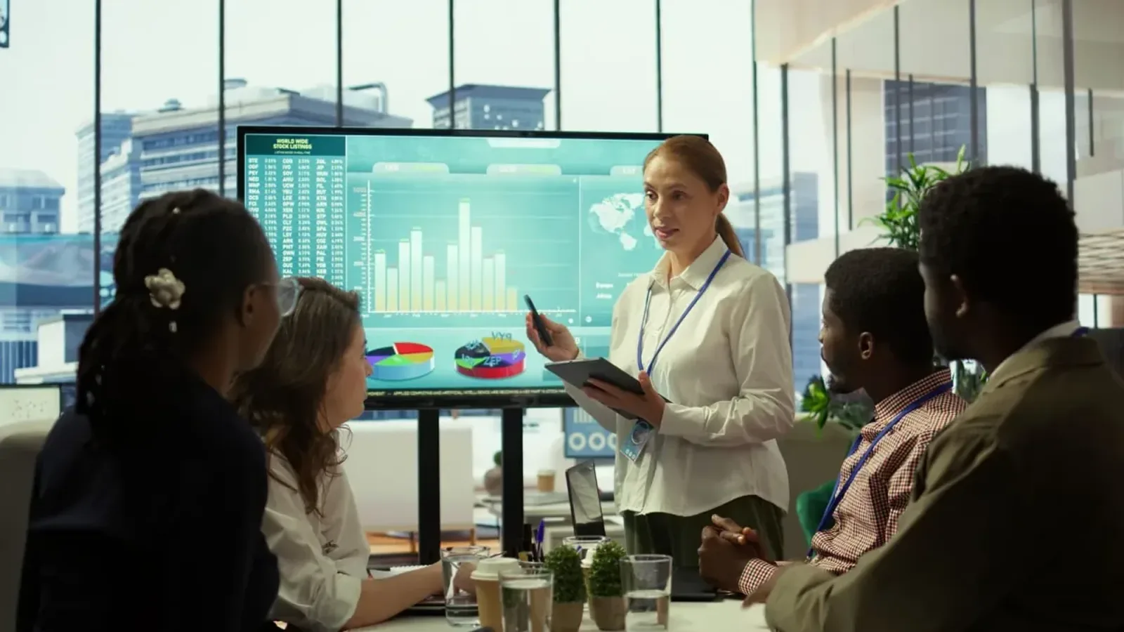 A care team reviewing patient risk charts on a large wall screen in a hospital meeting room