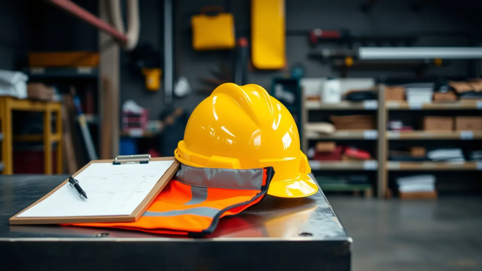 A yellow hard hat, a folded orange high-visibility vest and a clipboard with a pen on a steel workbench in a workshop