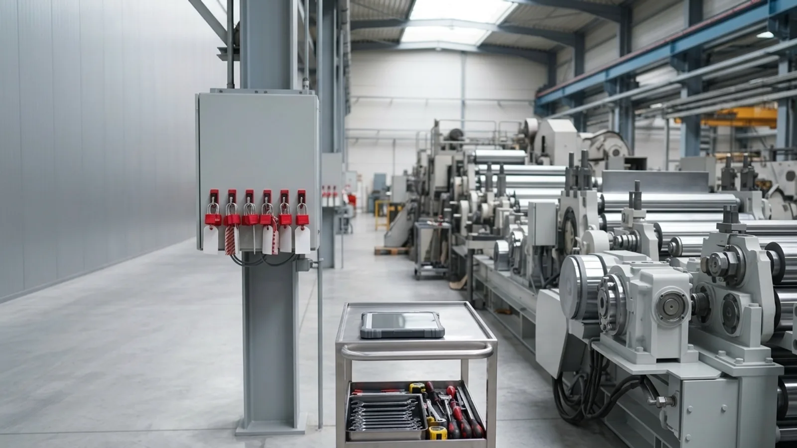 Idle steel roll processing line during a planned shutdown, with red lockout padlocks and tags on an isolation panel and a tool trolley holding a tablet