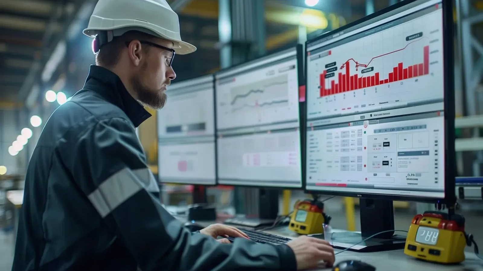 An engineer in a hard hat monitoring production dashboards on several screens on a factory floor