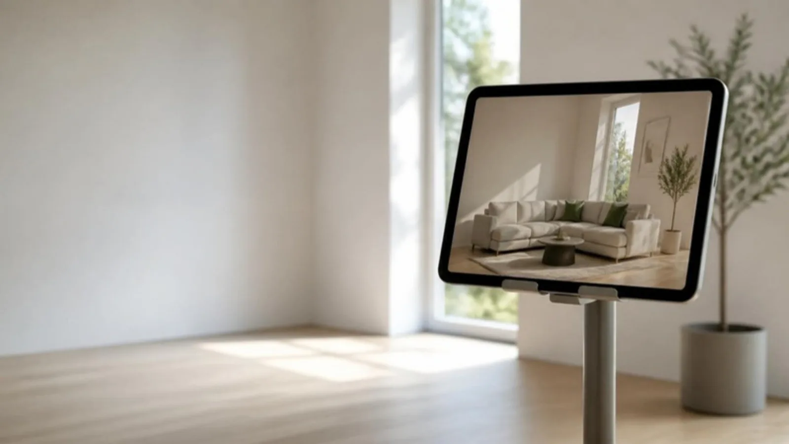 Empty sunlit living room corner by a tall window, with a tablet on a stand showing a sofa placed in that corner