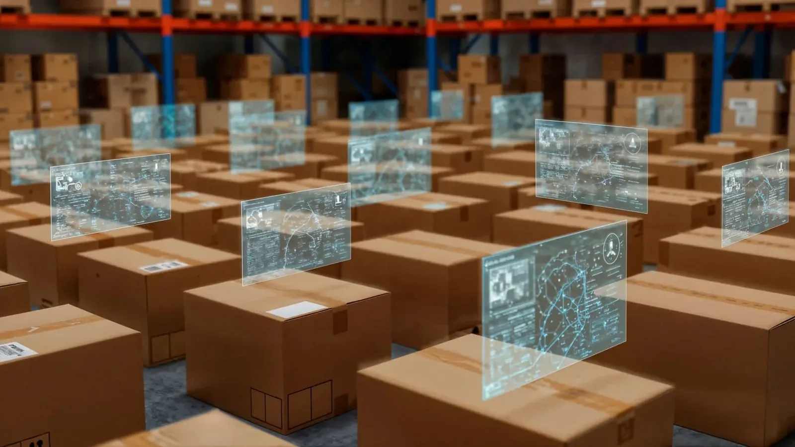 Rows of cardboard boxes on a warehouse floor with floating digital tracking panels above them and stocked pallet racks behind