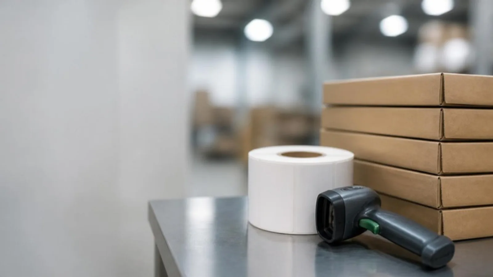 Close-up of a roll of blank shipping labels, a handheld barcode scanner and flat-packed cartons on a steel packing station