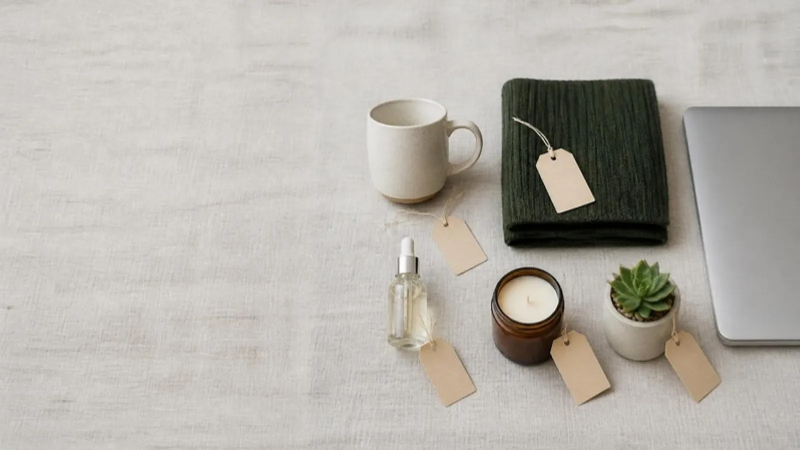 Overhead view of small unbranded products from different shops, a mug, scarf, candle, skincare bottle and plant, arranged in a grid on pale linen