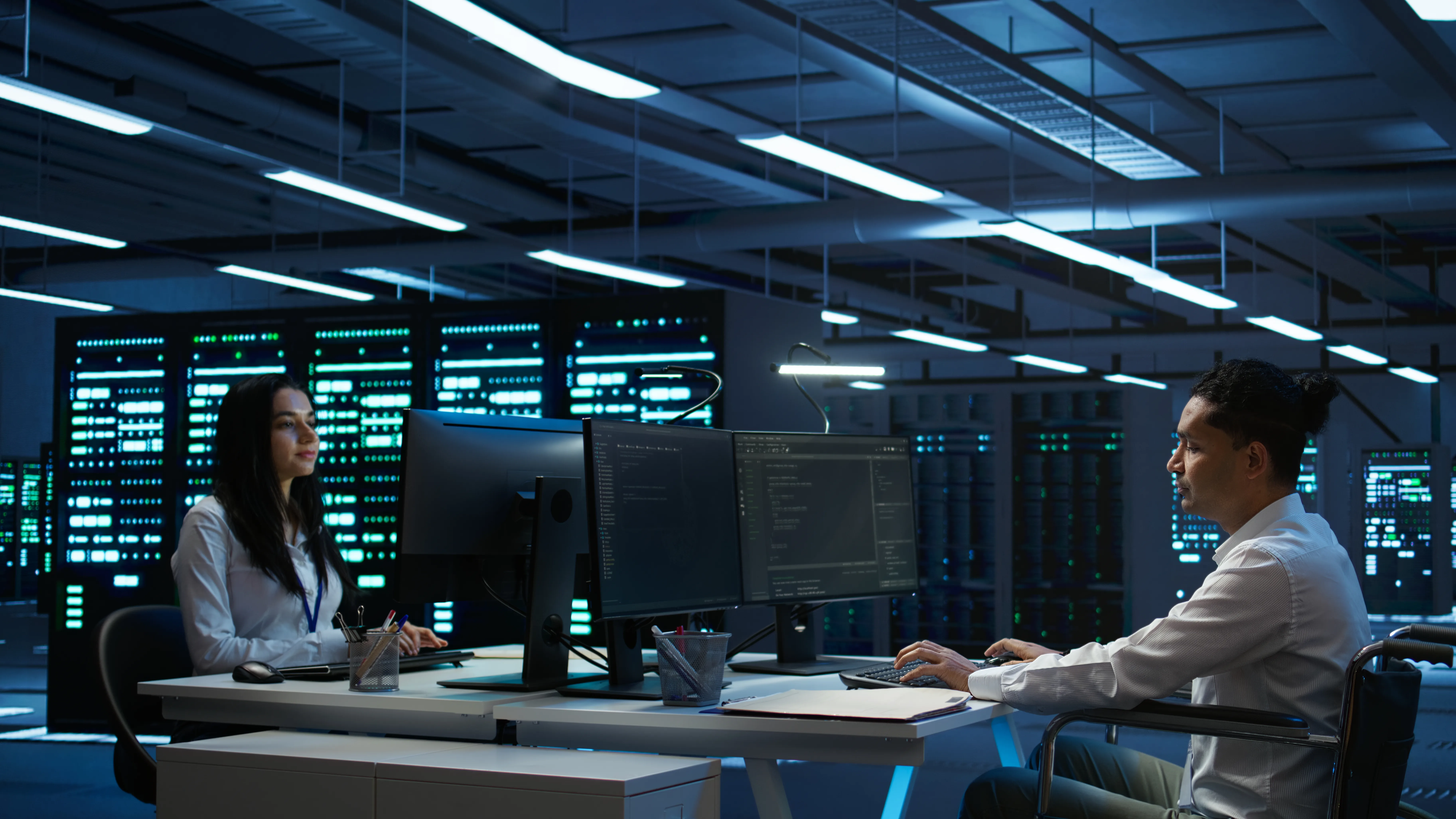 Facilities technician managing maintenance with custom software