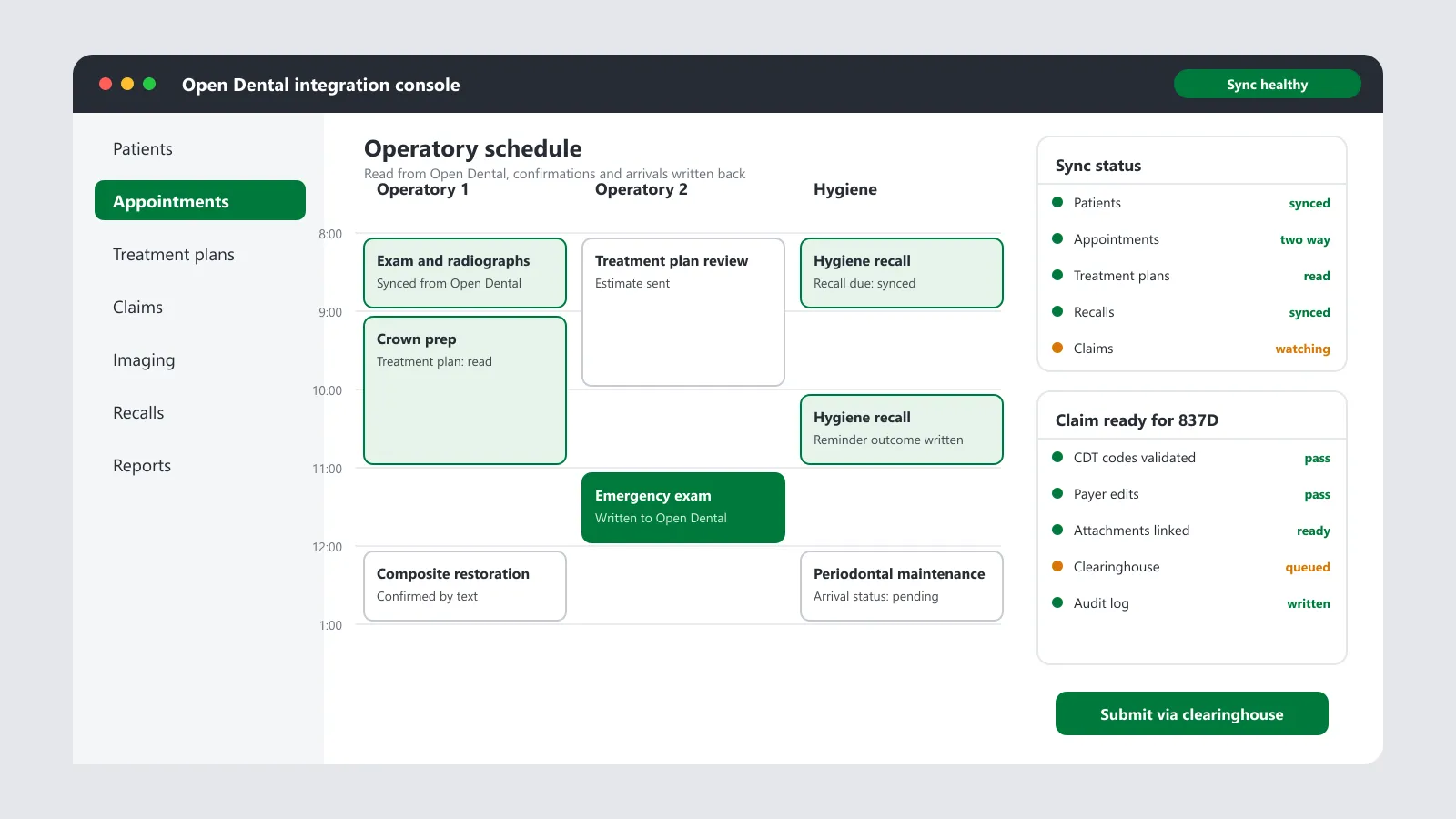 Open Dental integration mockup by Agnotic: an integration console with a sidebar for patients, appointments, treatment plans, claims and imaging, an operatory schedule, a sync status panel and a dental claim ready for 837D submission