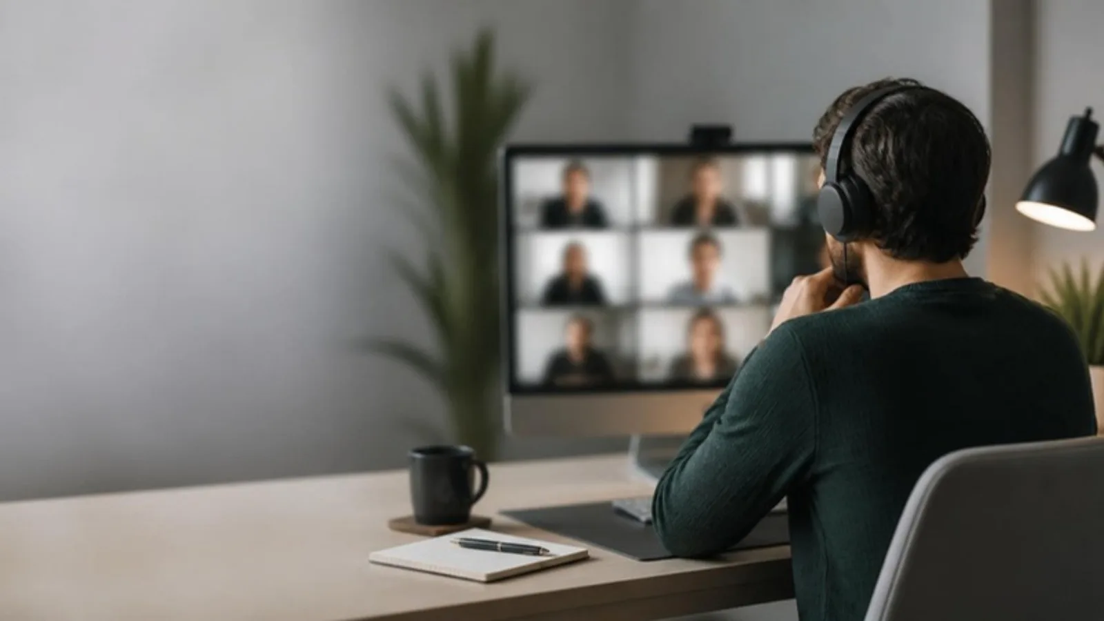 Remote engineer wearing headphones on a video stand-up with a client team shown as blurred tiles on a large monitor