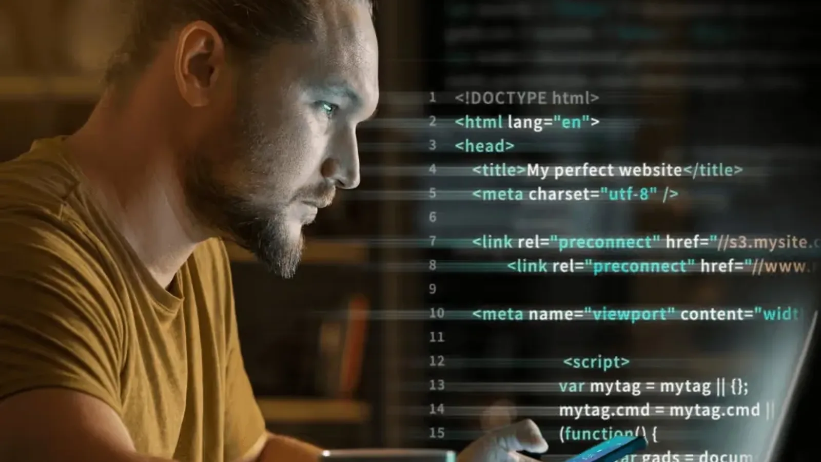 A web developer looking at website code on a dark screen