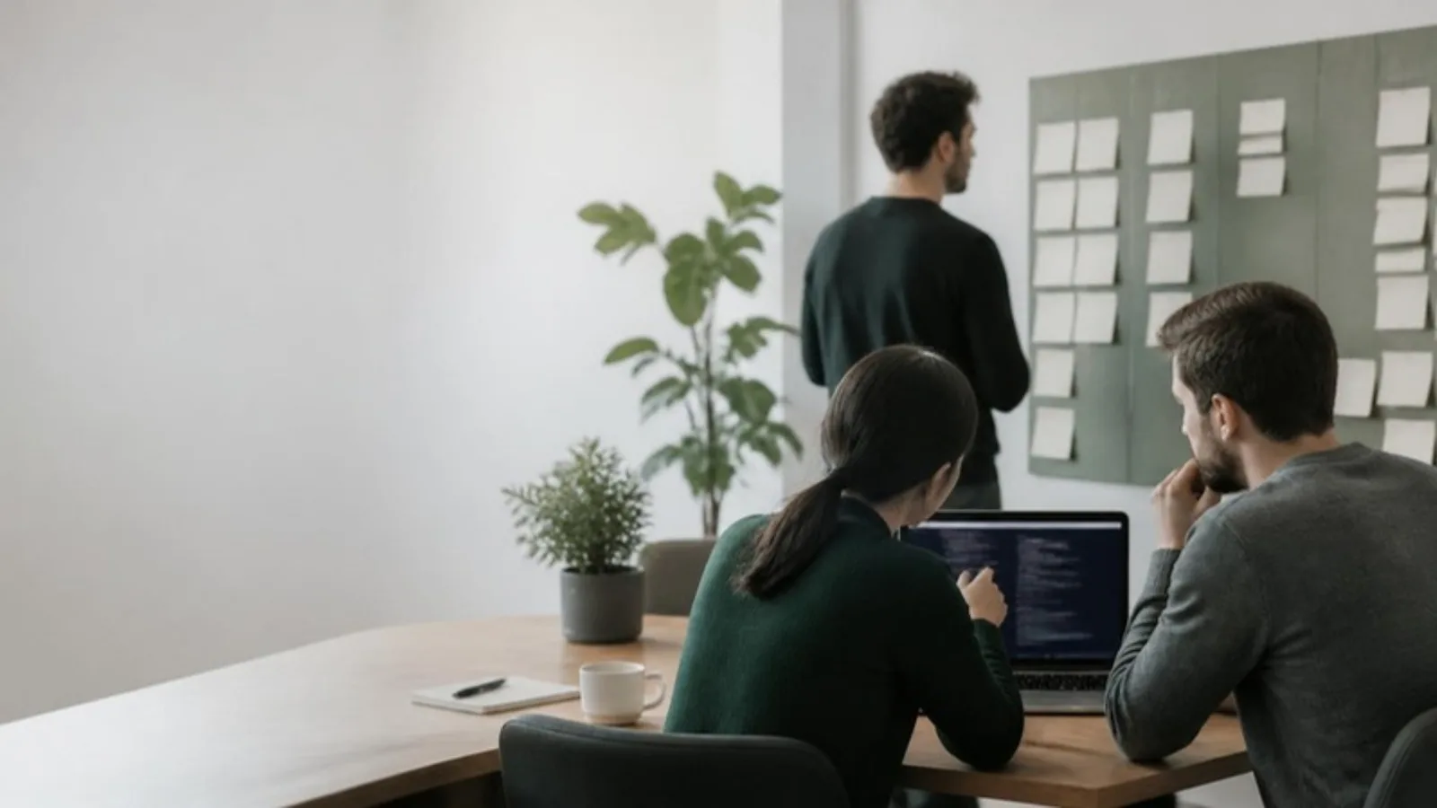 Product engineering team at a long table, two engineers pair-programming on a laptop while a third reviews a sprint board of blank cards