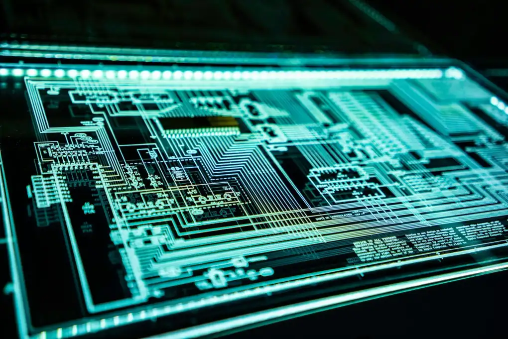 Glowing circuit board under teal light