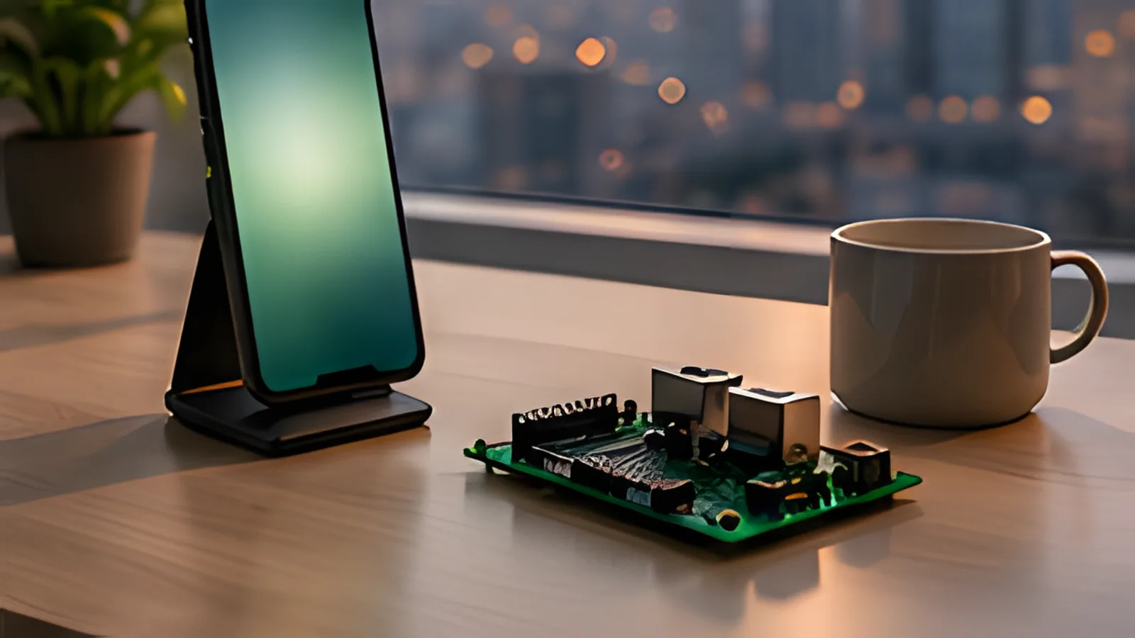 Smartphone on a stand beside a development board at dusk