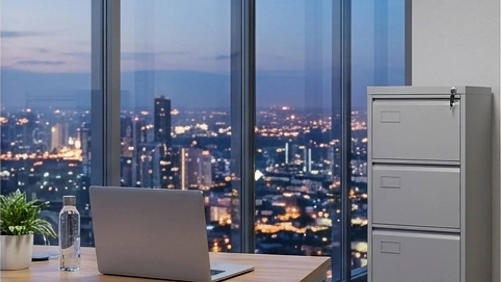 Office desk with a laptop by a tall window overlooking a city skyline at dusk, beside a metal filing cabinet