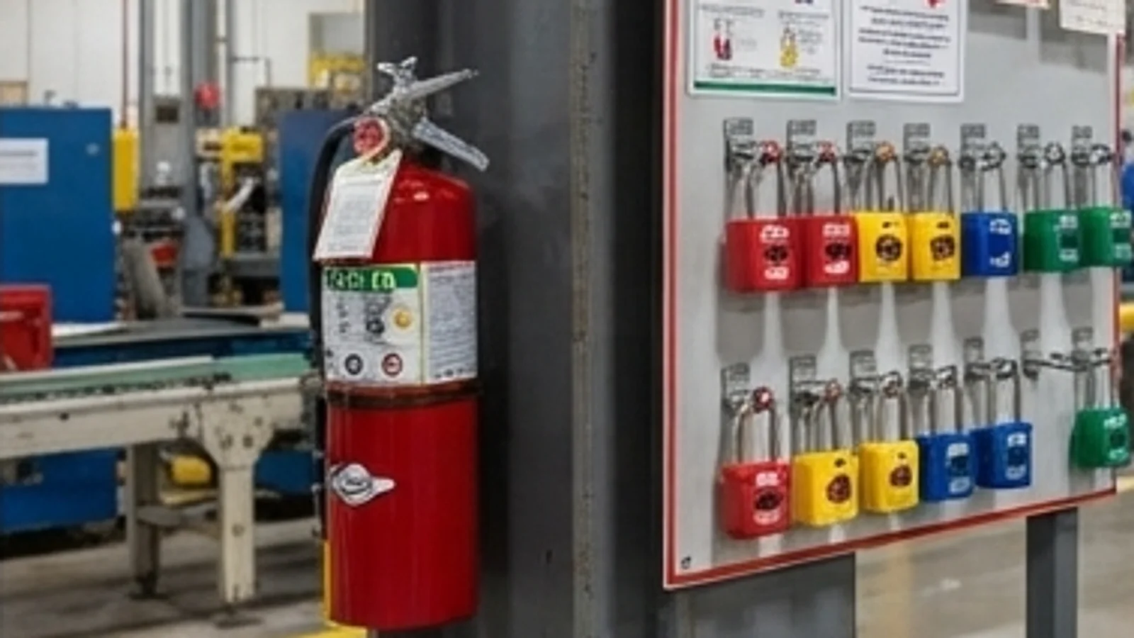 Fire extinguisher on a steel column beside a lockout station board with coloured padlocks on a factory floor