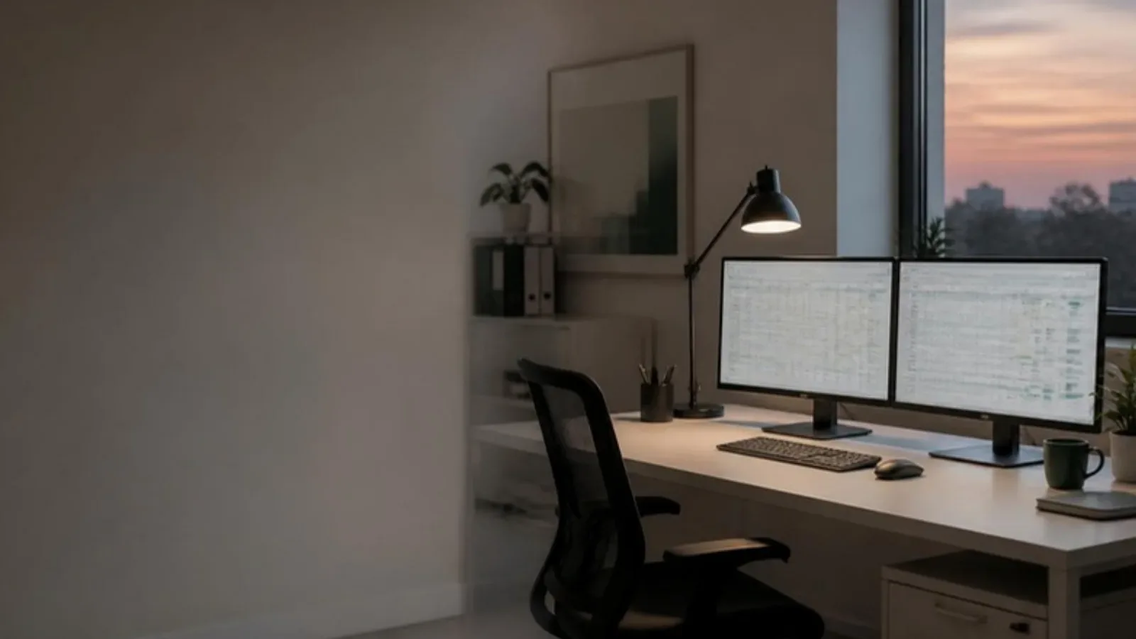 An empty clinical data office desk with two monitors, a desk lamp and a chair beside a window at dusk