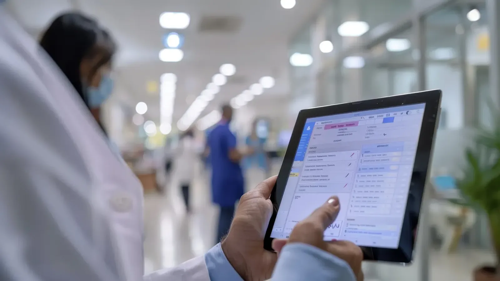 A clinician holding a tablet with a medication list in a hospital corridor