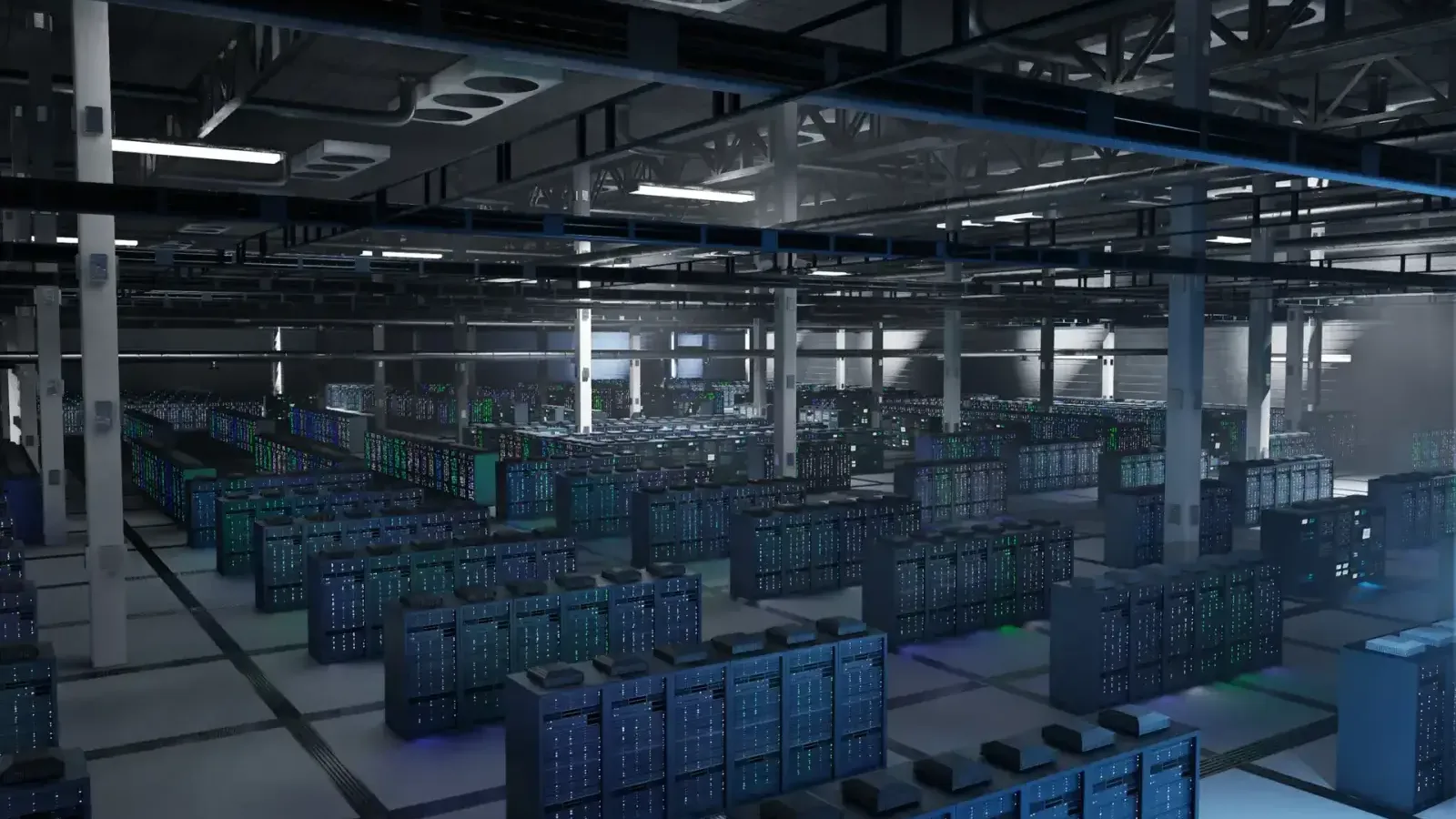 A large data center hall filled with rows of server racks under blue light